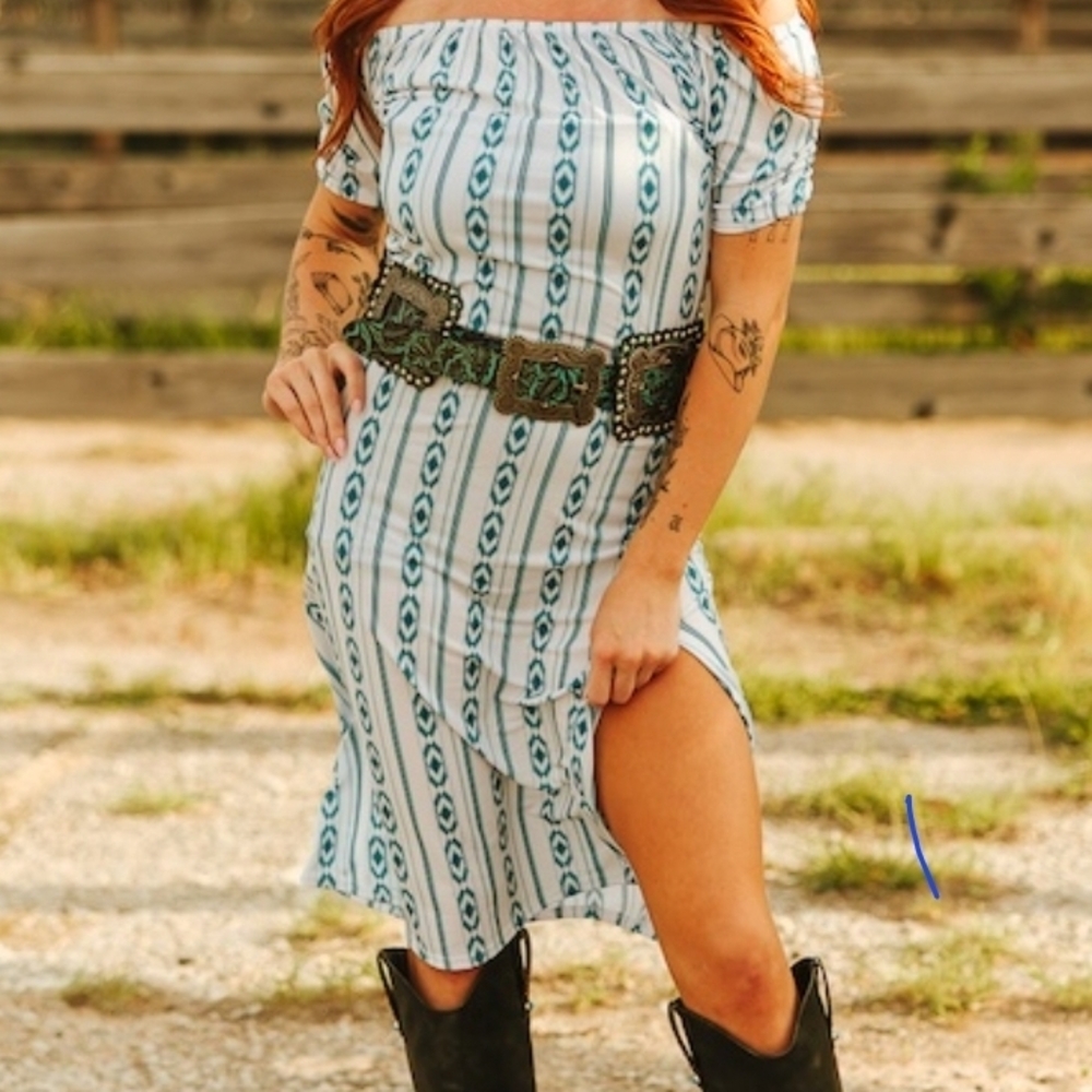 Sky Blue Aztec Off-Shoulder Dress (Do Not Include Belt)